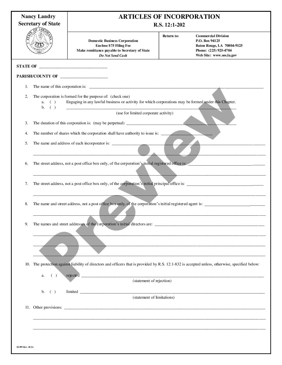 page 1 Louisiana Articles of Incorporation for Professional Corporation preview