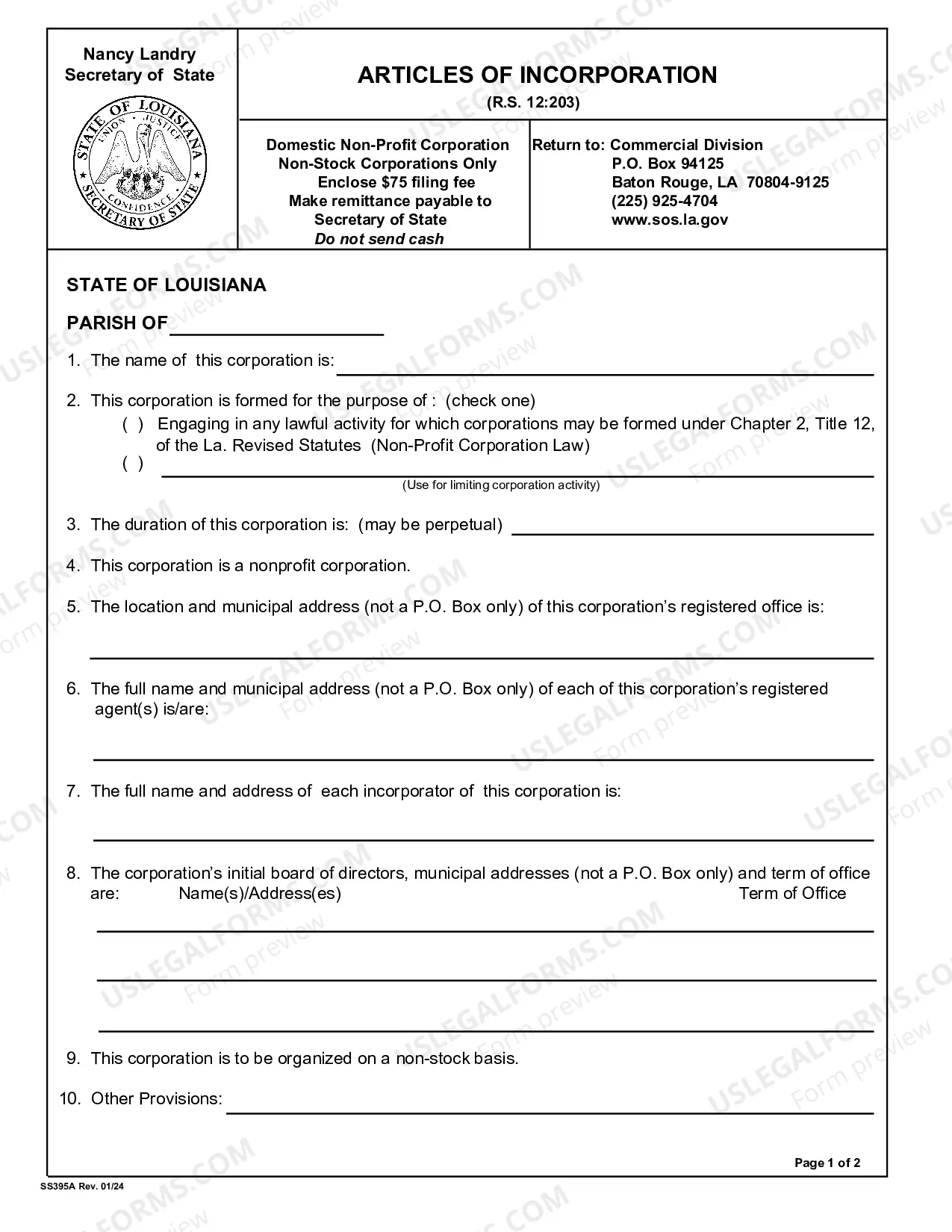 Preview Louisiana Articles of Incorporation for Domestic Nonprofit Corporation
