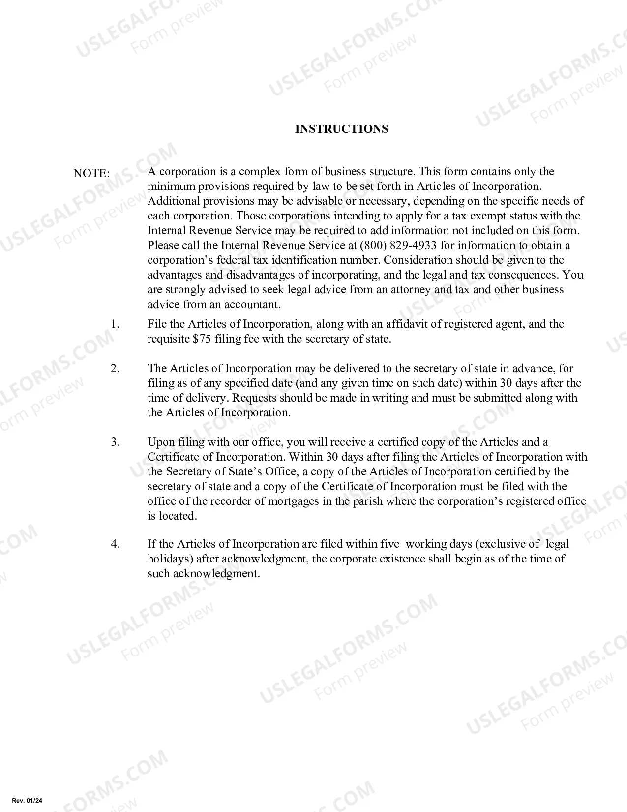 Preview Louisiana Articles of Incorporation for Domestic Nonprofit Corporation