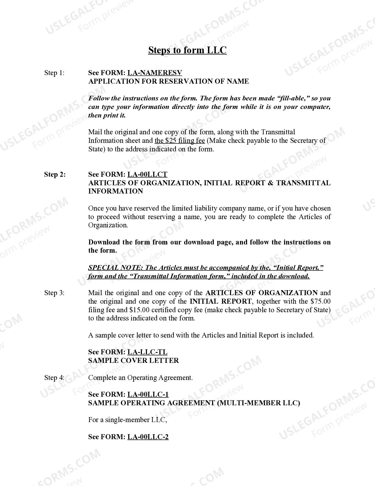 Preview Louisiana Limited Liability Company LLC Formation Package