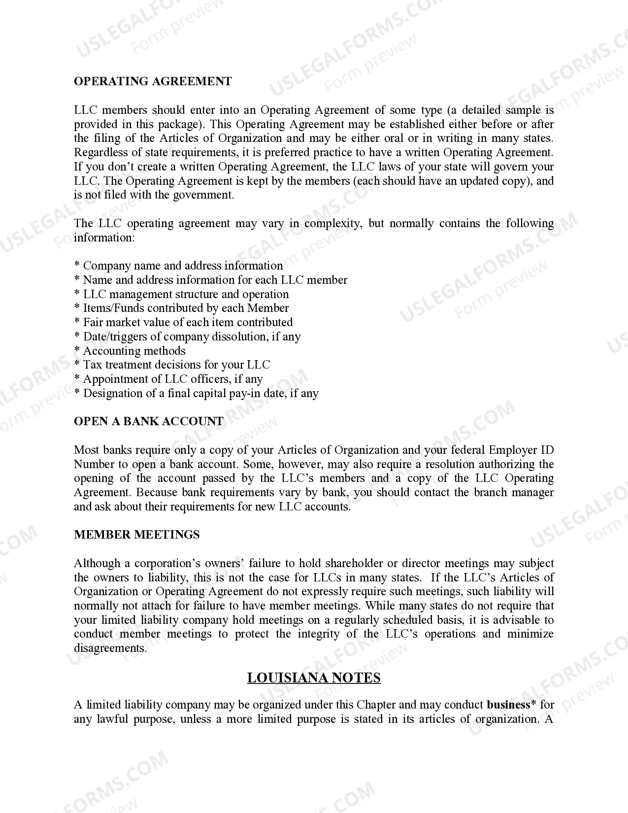 Preview Louisiana Limited Liability Company LLC Formation Package