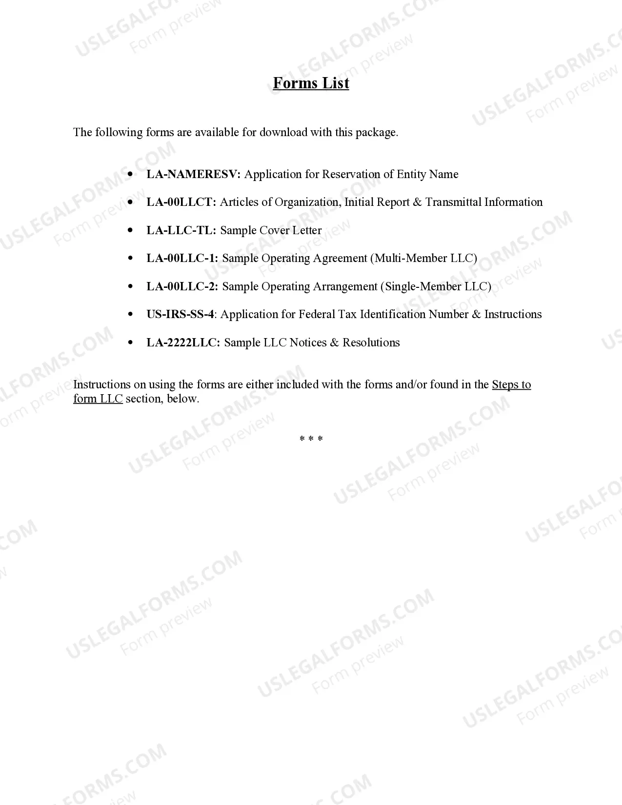 Preview Louisiana Limited Liability Company LLC Formation Package
