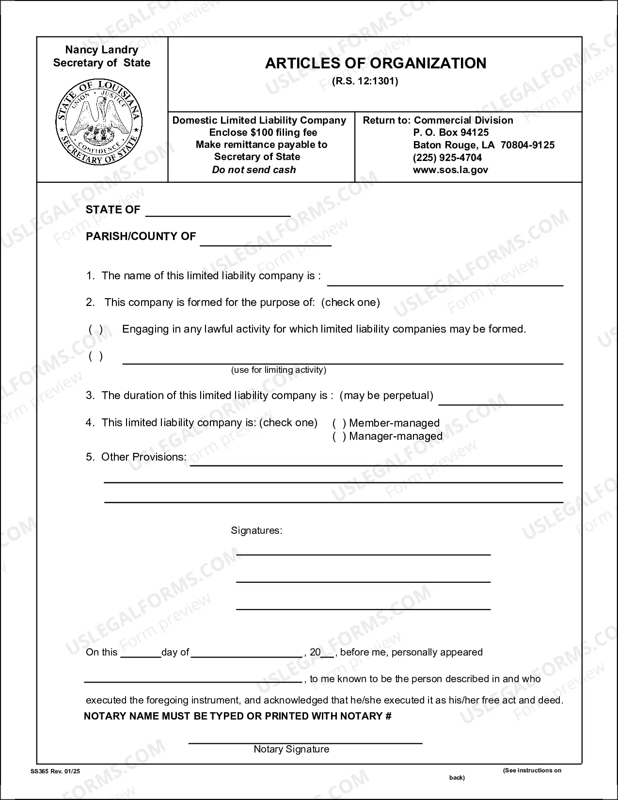 Preview Louisiana Articles of Organization for Domestic Limited Liability Company LLC