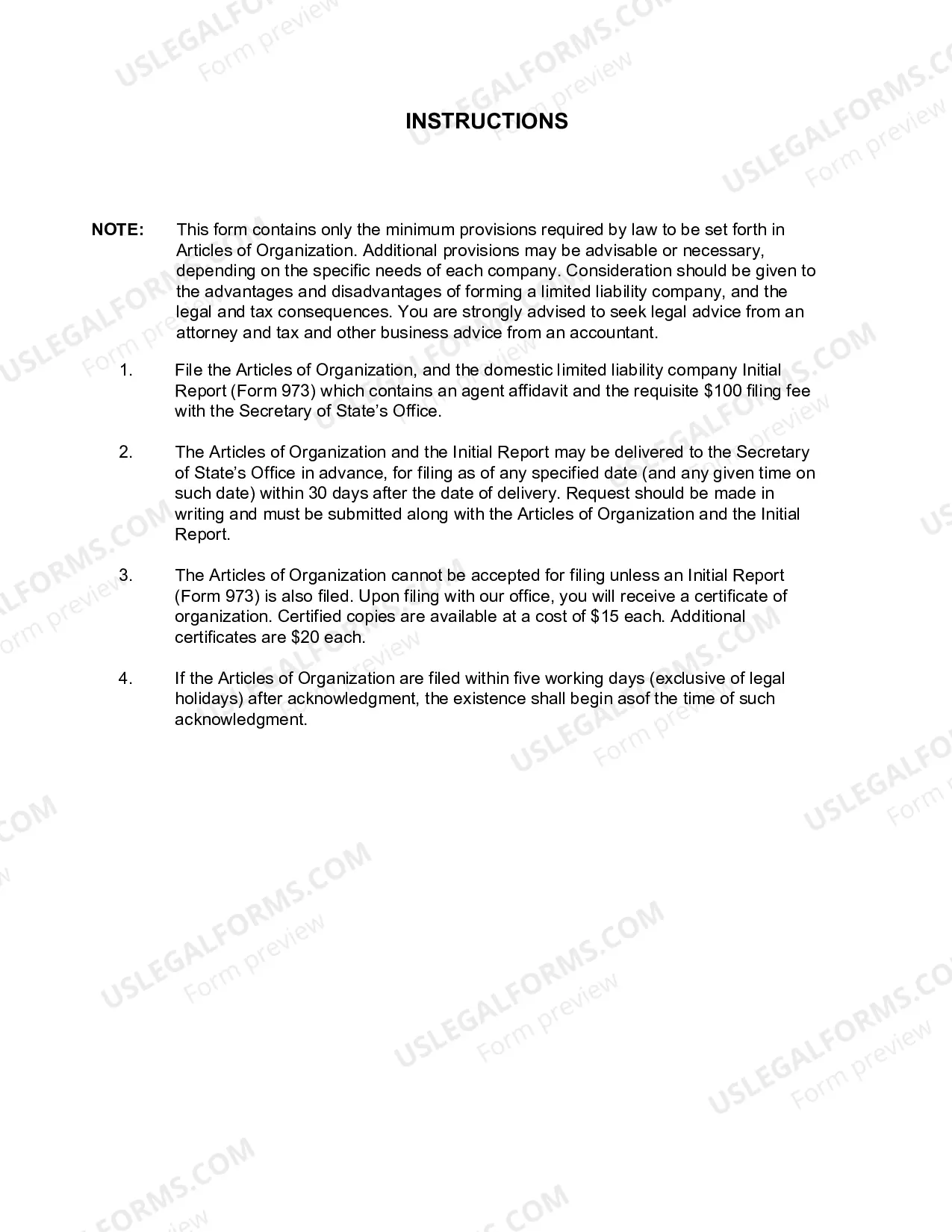 Preview Louisiana Articles of Organization for Domestic Limited Liability Company LLC