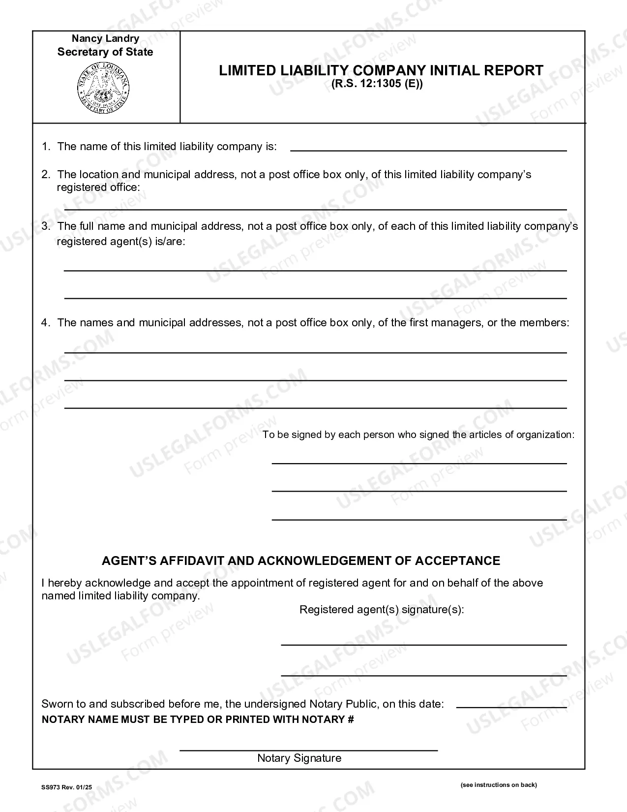Preview Louisiana Articles of Organization for Domestic Limited Liability Company LLC