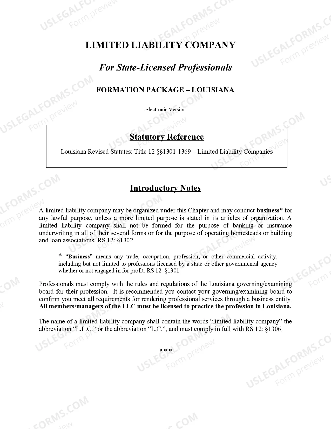 Preview Louisiana Professional Limited Liability Company PLLC Formation Package