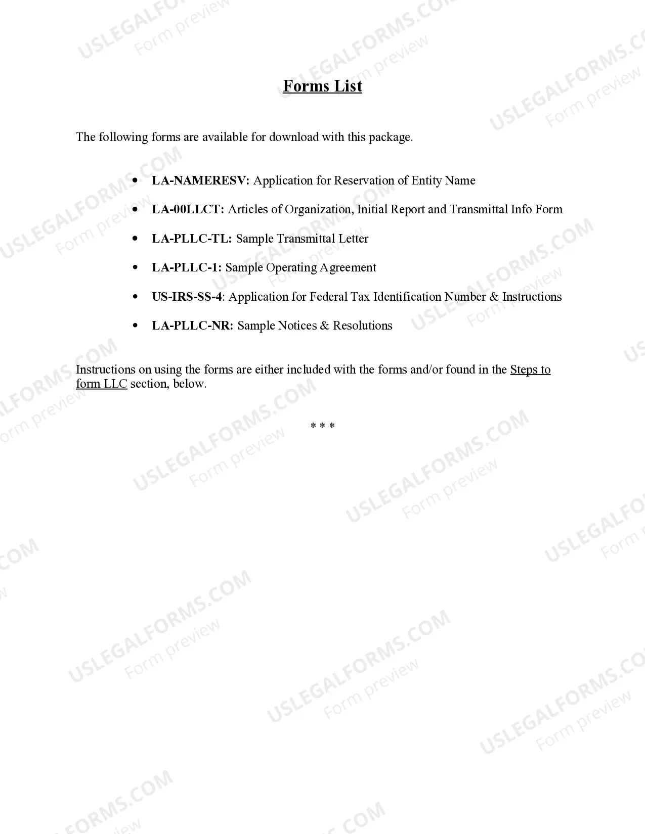 Preview Louisiana Professional Limited Liability Company PLLC Formation Package