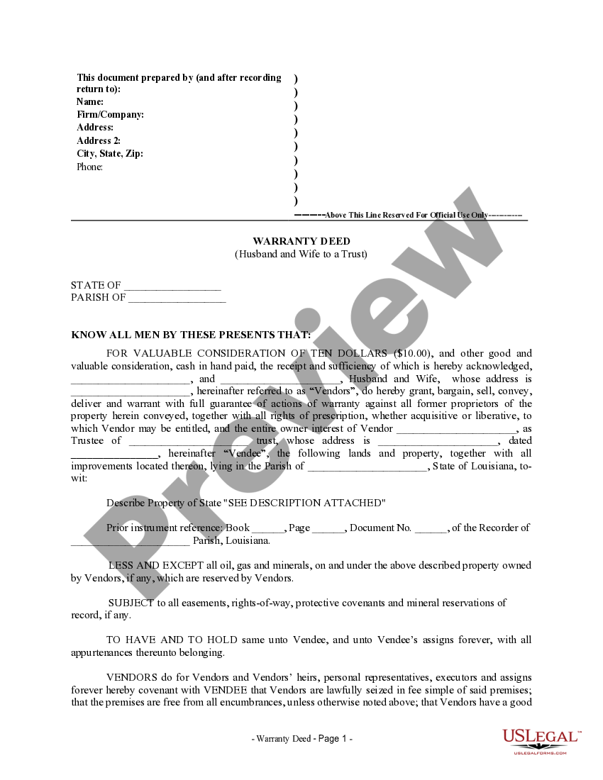Louisiana Warranty Deed from Husband and Wife to a Trust Is The Title