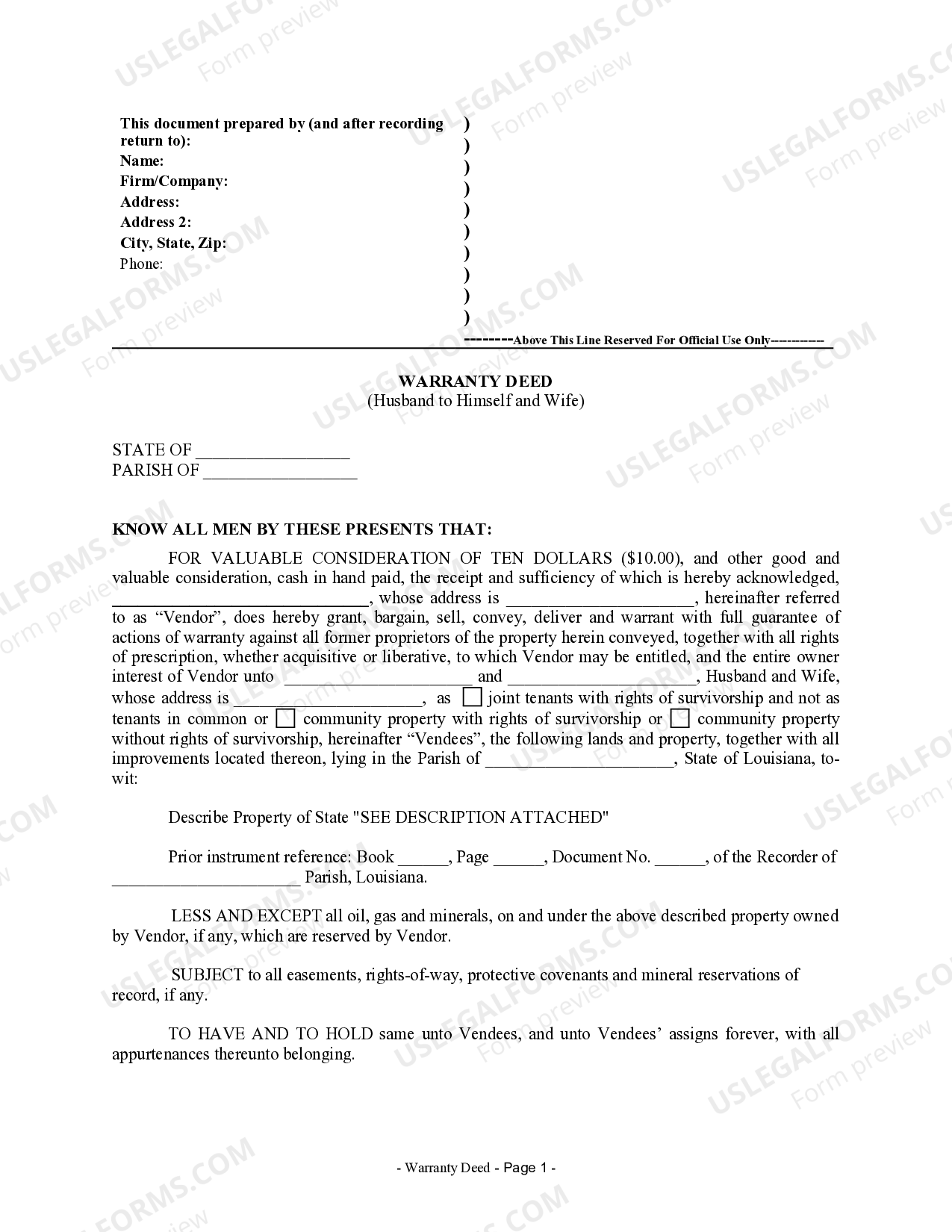 Louisiana Warranty Deed from Husband to Himself and Wife What Does A