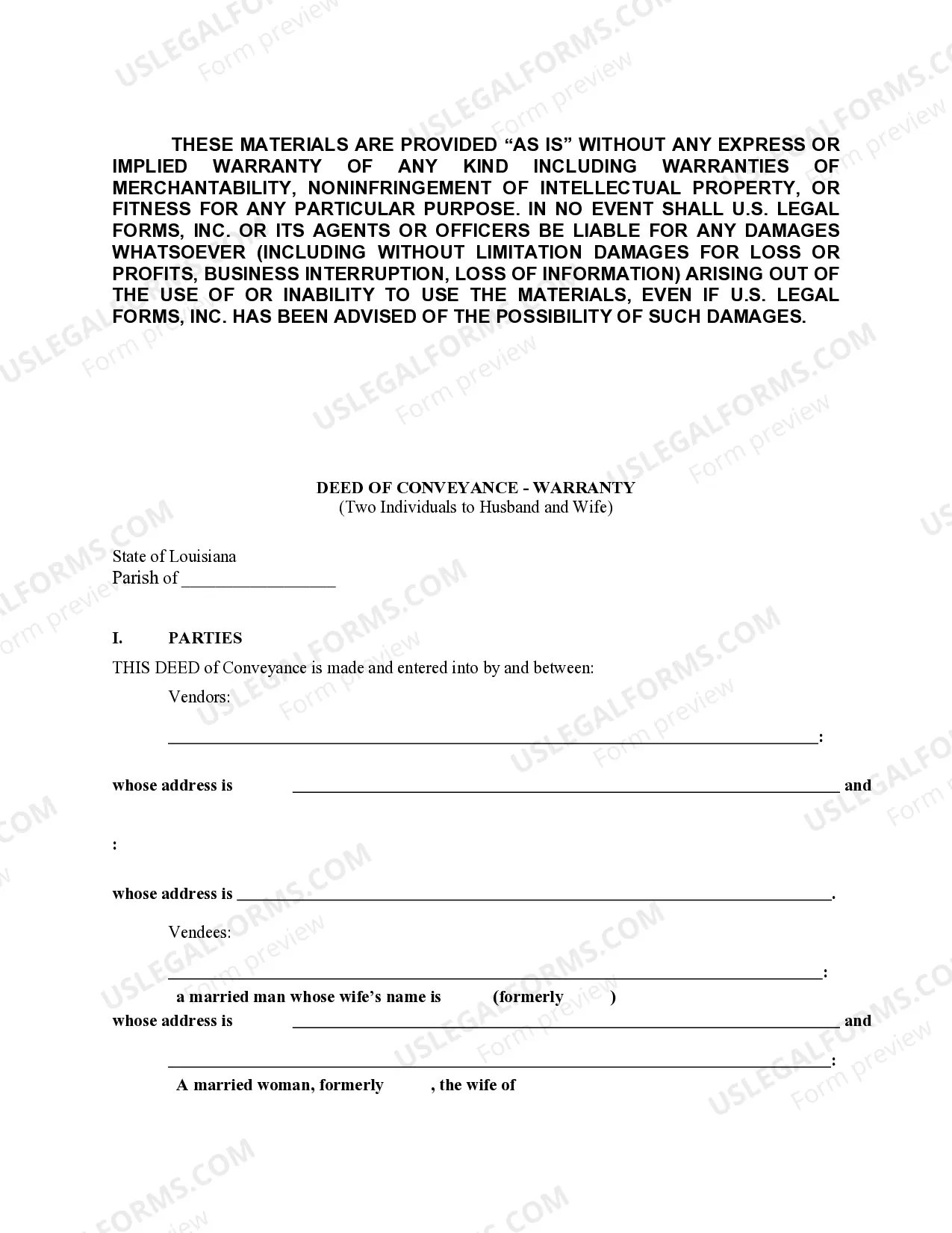 Preview Deed of Conveyance - Warranty - from two Individuals to Husband and Wife