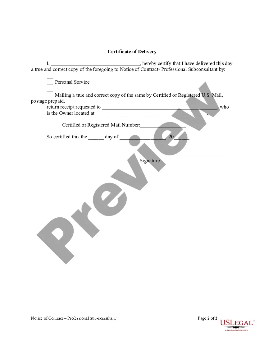 Preview Notice of Contract - Professional Sub-consultant - Corporation or LLC