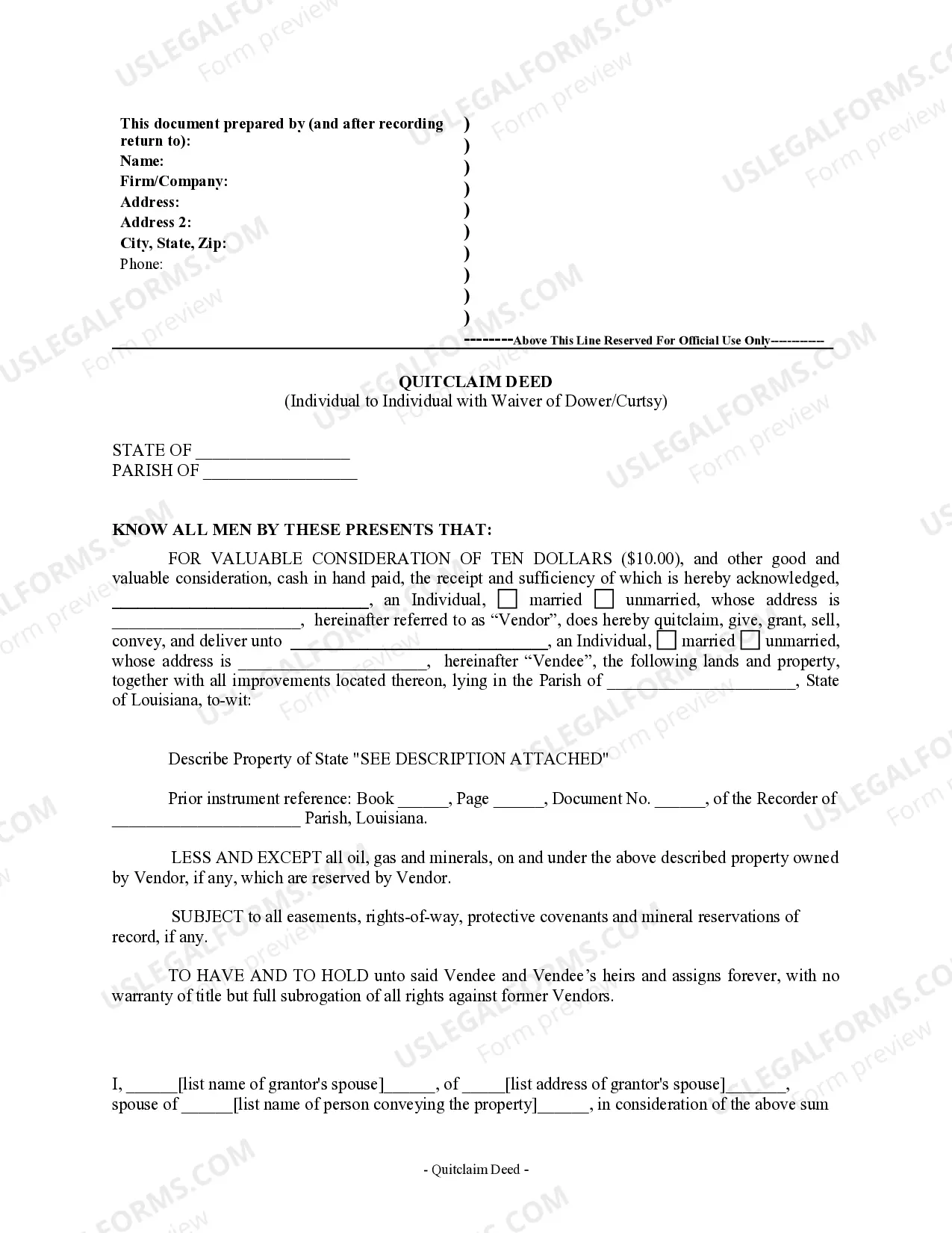 Preview Individual to Individual with Waiver of Dower, Curtsey, and Homestead
