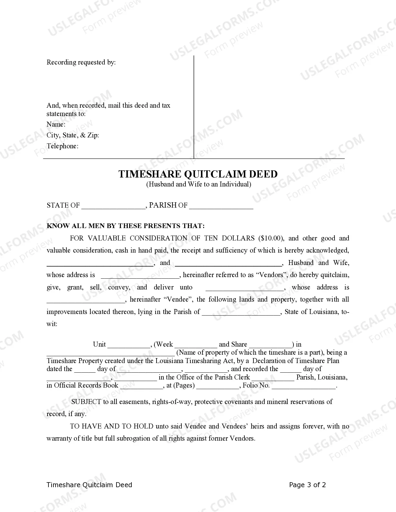 Preview Quitclaim Deed for Timeshare from Two Individuals to an Individual