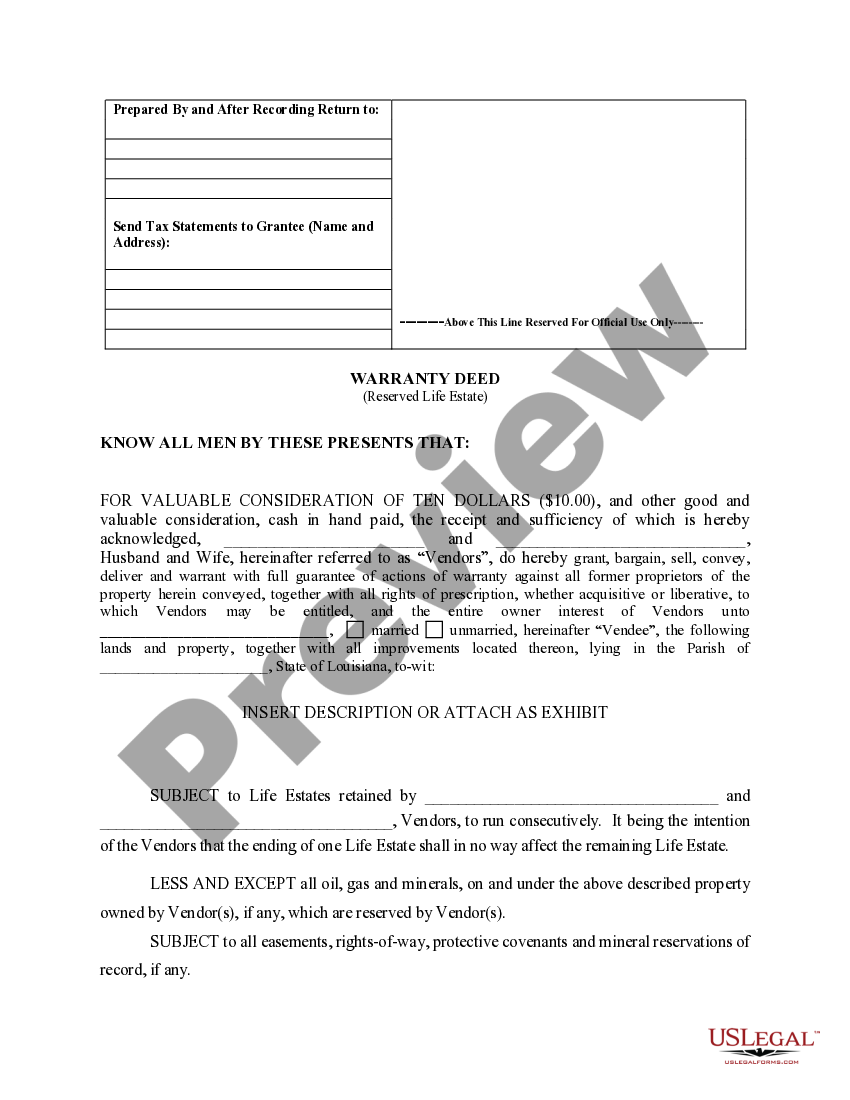 Louisiana Warranty Deed to Child Reserving a Life Estate in the Parents US Legal Forms
