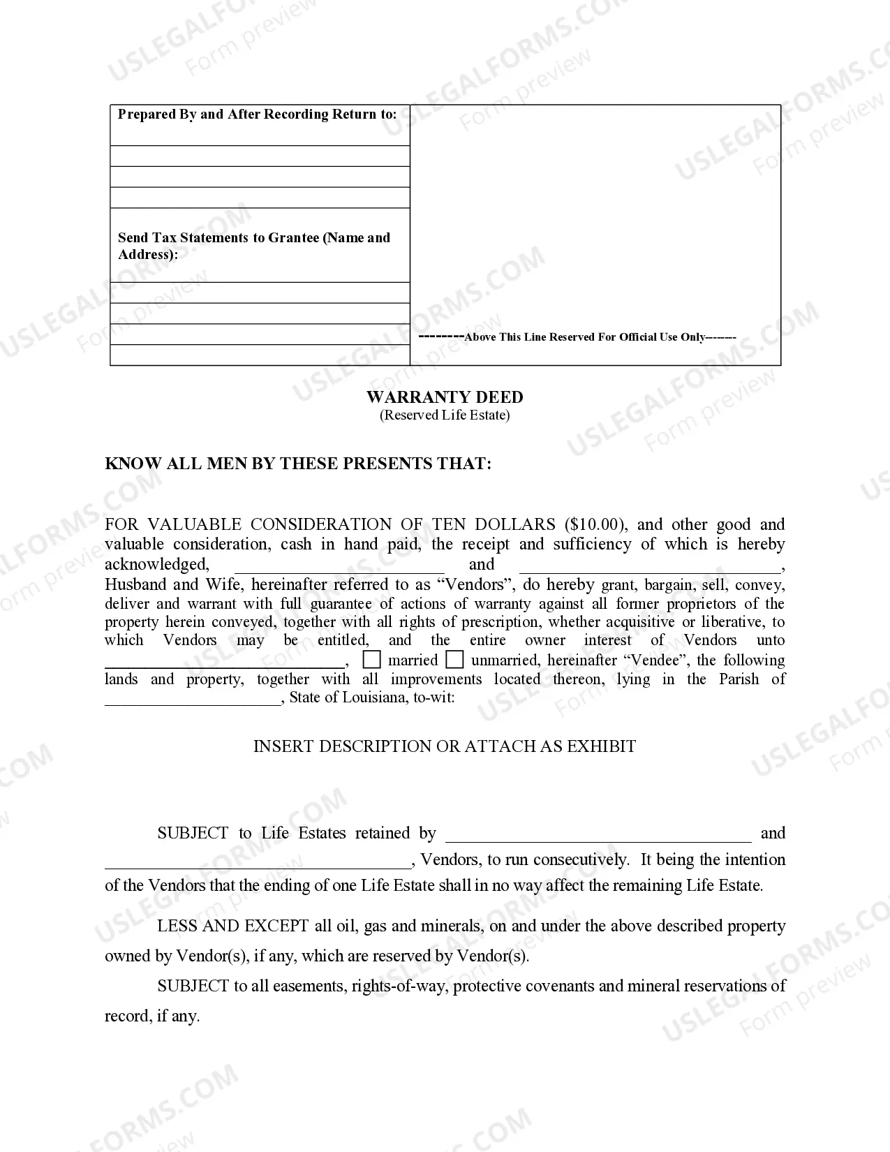 Preview Warranty Deed to Child Reserving a Life Estate in the Parents