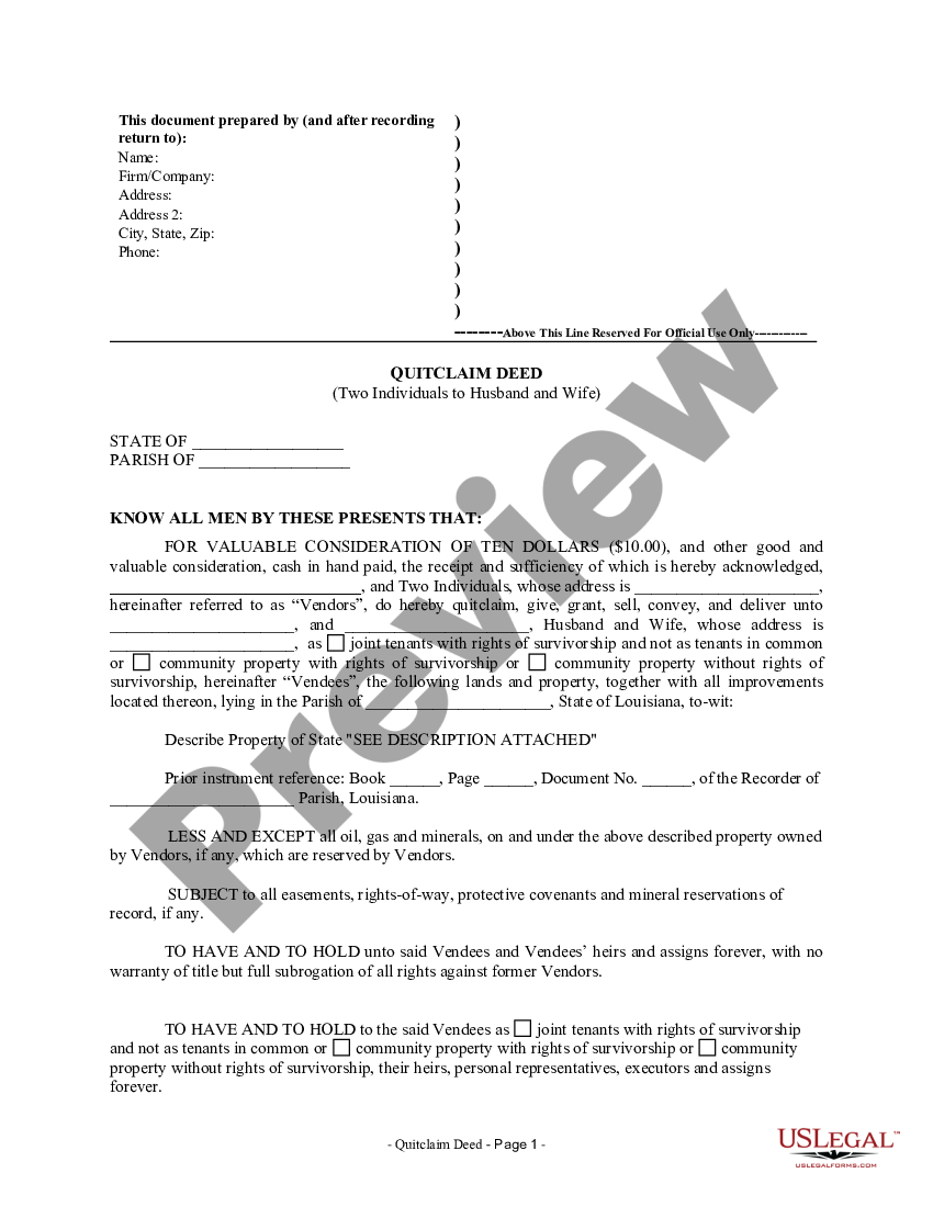 Louisiana Quitclaim Deed by Two Individuals to Husband and Wife ...