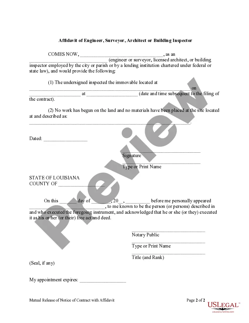 Preview Mutual Release of Notice of Contract with Affidavit - Individual