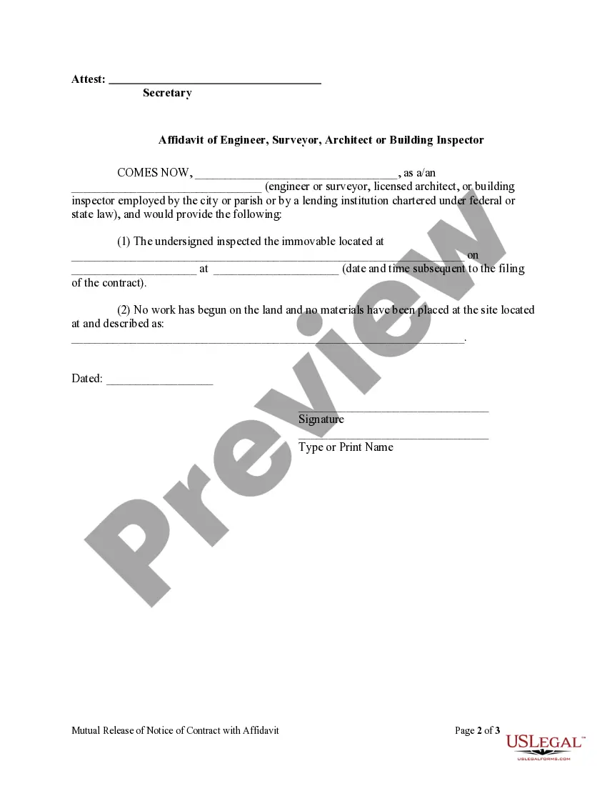 Preview Mutual Release of Notice of Contract with Affidavit - Corporation or LLC