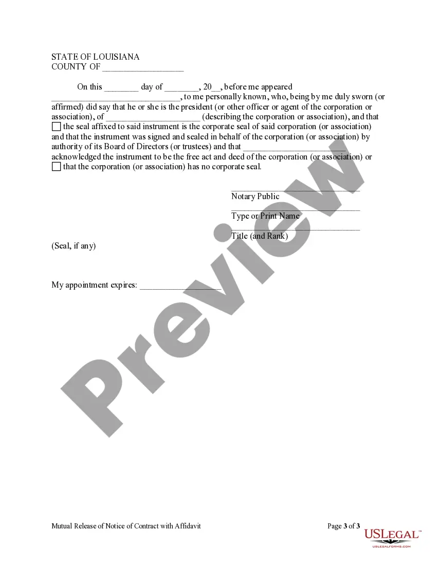 Preview Mutual Release of Notice of Contract with Affidavit - Corporation or LLC