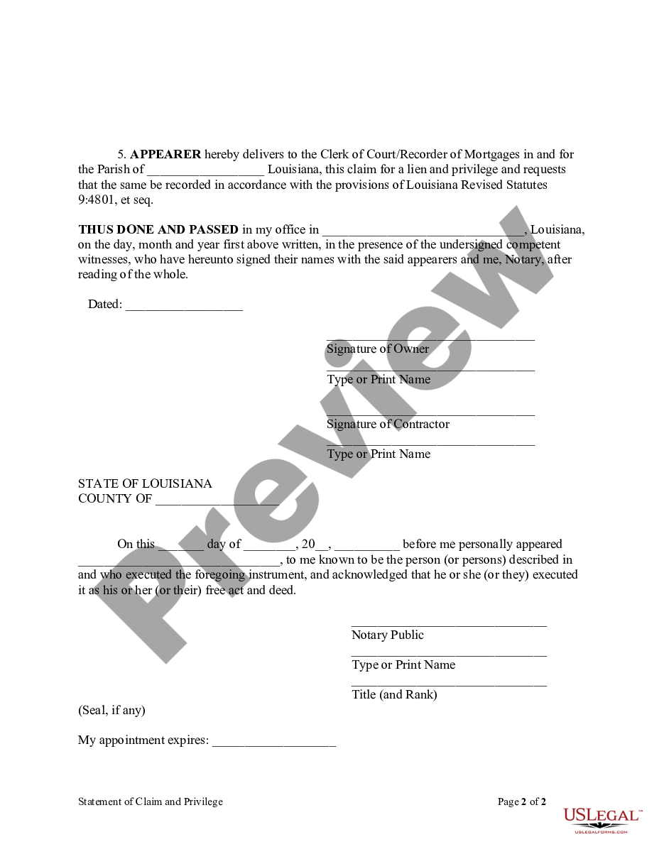 Louisiana Statement Of Claim And Privilege Form