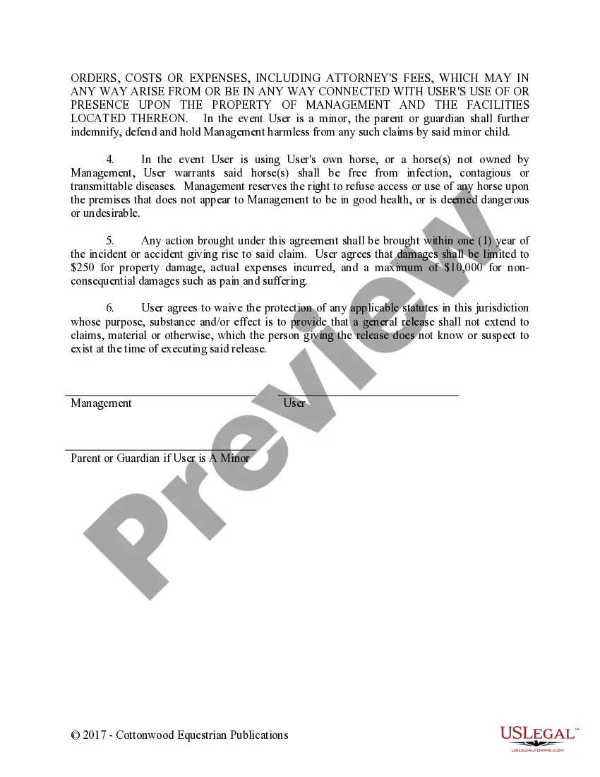 Preview Lesson, Horse Rental or Lease, and Arena Use Release - Horse Equine Forms