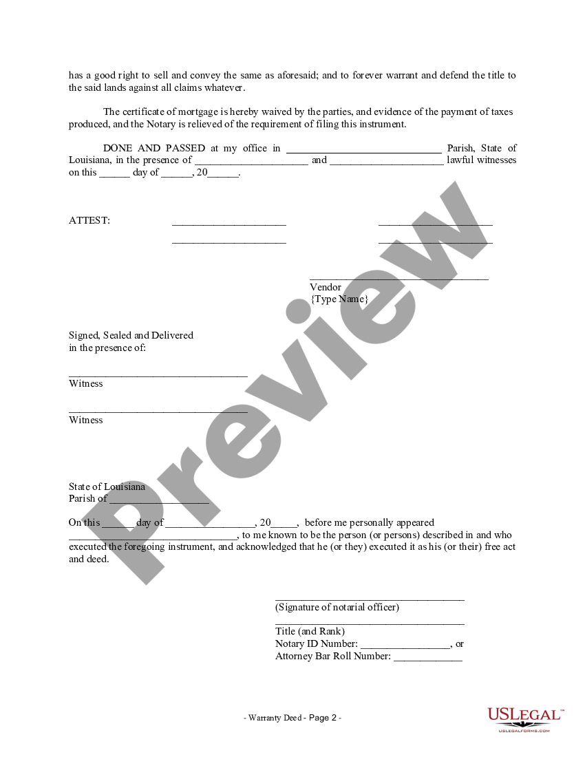 Louisiana Warranty Deed from Individual to Corporation | US Legal Forms