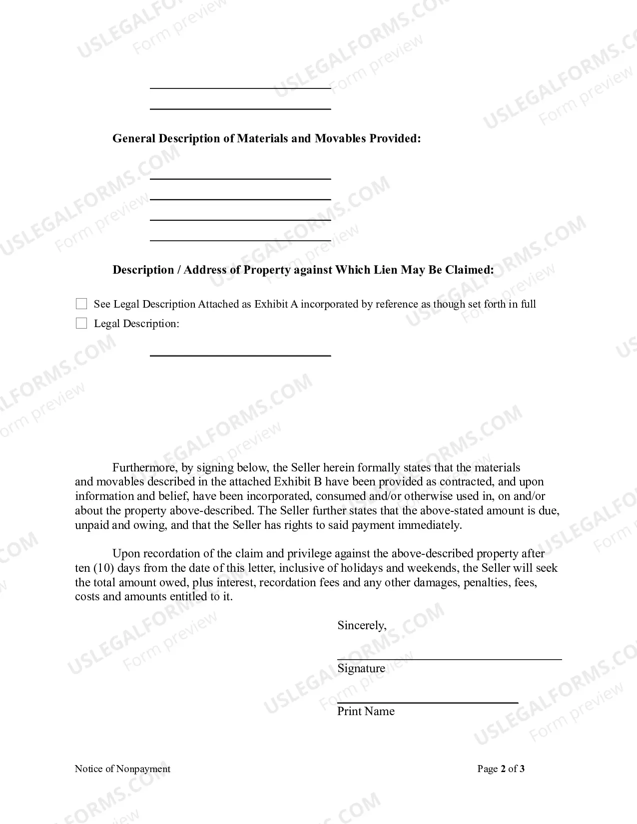 Preview Notice of NonPayment (Seller of Movables) - Corporation or LLC