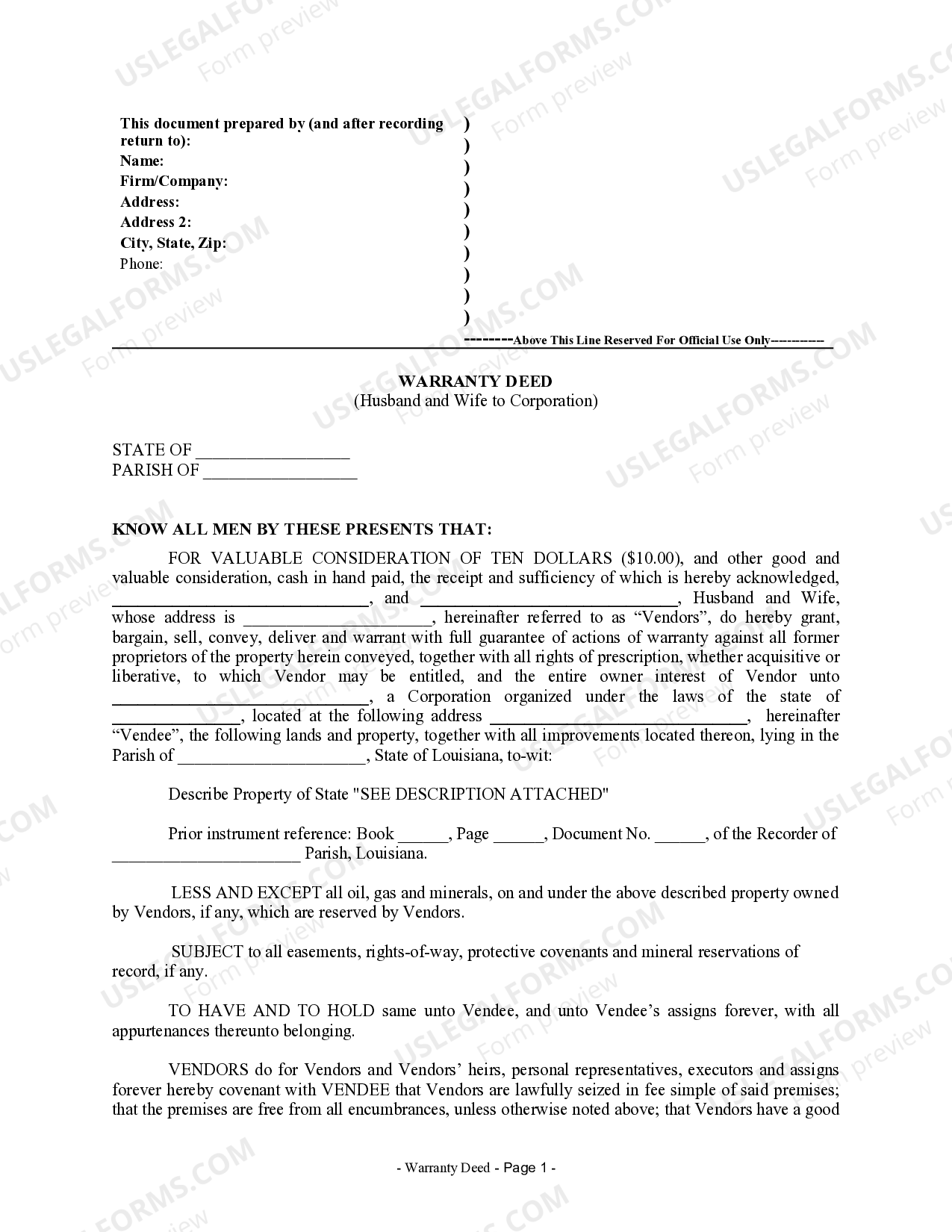 Louisiana Warranty Deed from Husband and Wife to Corporation US Legal