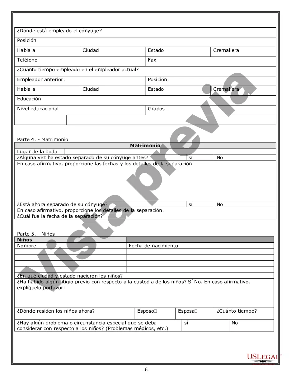 Preview Hoja de trabajo de divorcio y resumen de la ley para casos disputados o no disputados de más de 25 páginas - Formulario de entrevista de cliente ideal