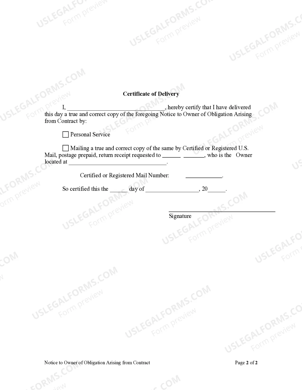 Preview Notice to Owner of Obligation Arising from Contract - Individual
