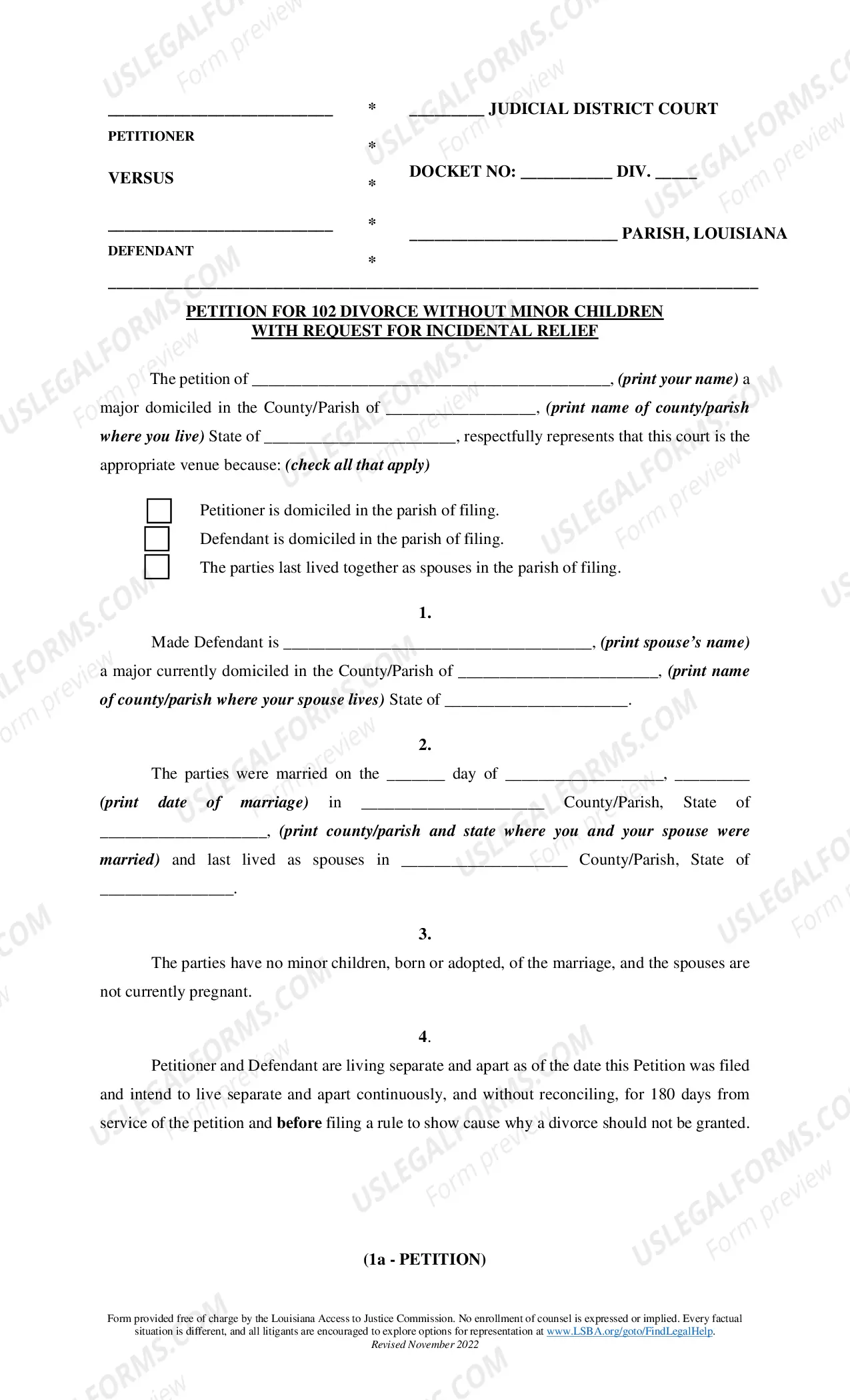 Preview Article 102 Divorce - No Minor Children - With Request for Incidental Relief