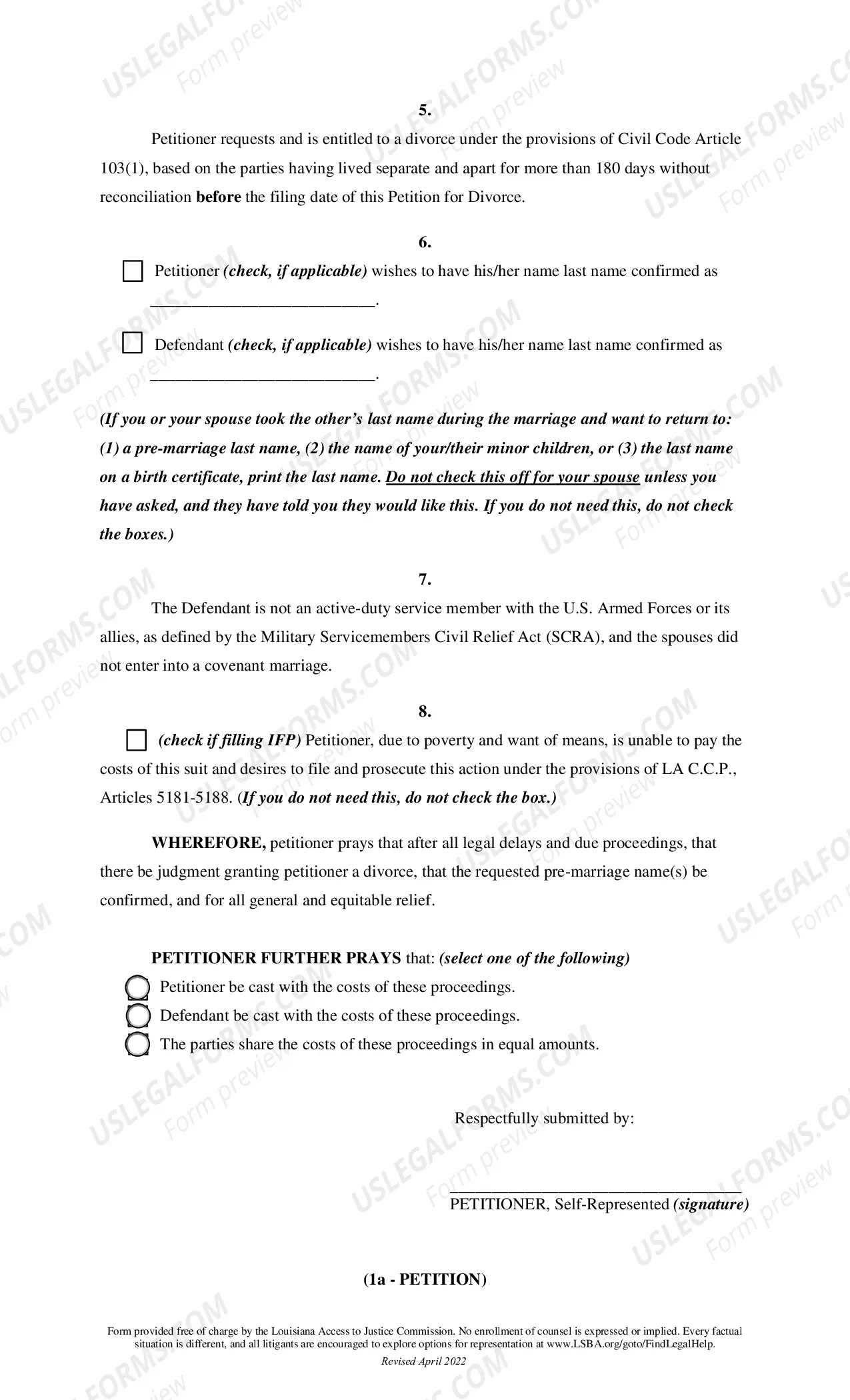 Preview Article 103 Divorce - No Minor Children - For Divorce Issue Only and for Requesting Use of Allowed Last Name