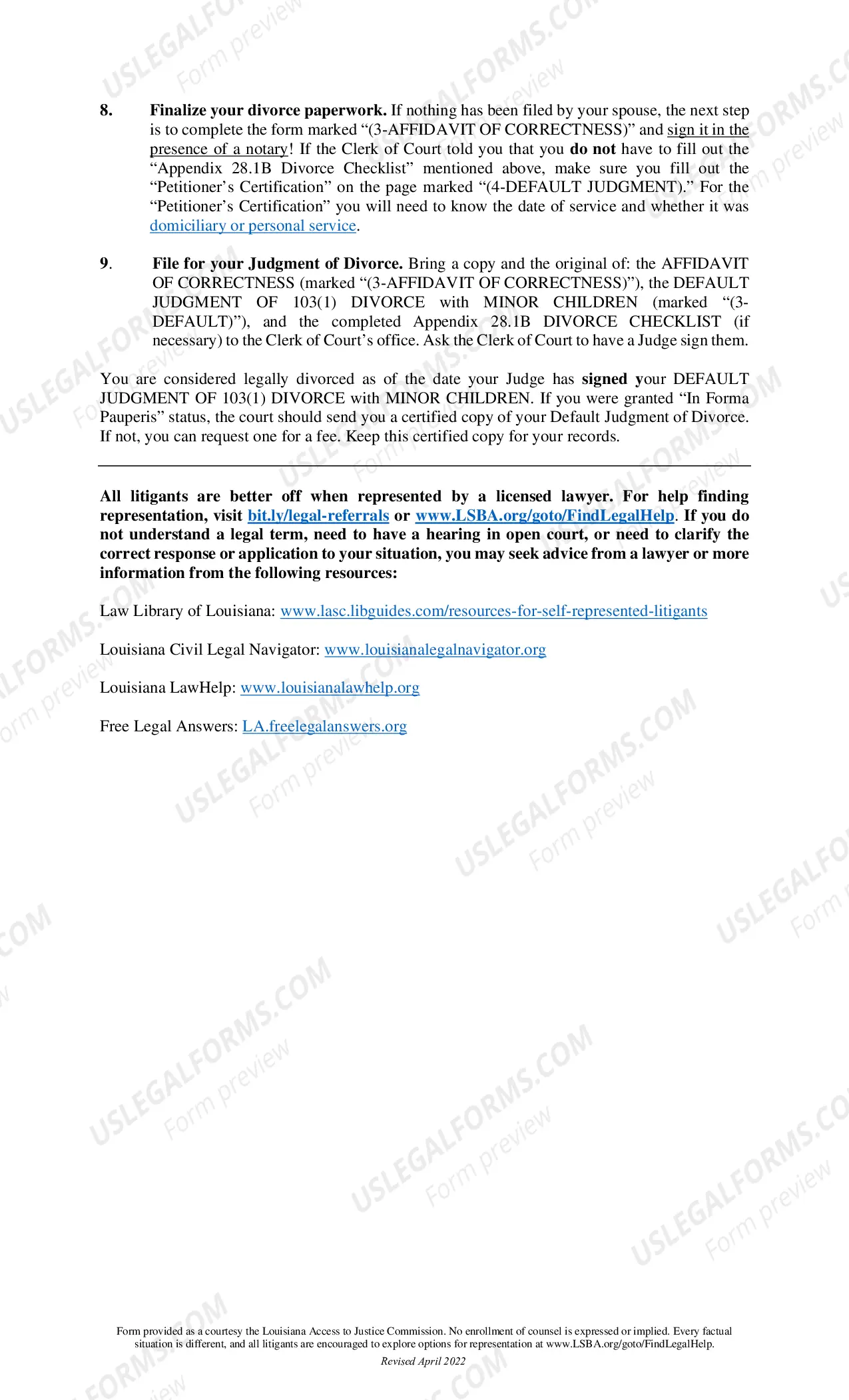 Preview Article 103 Divorce Package - Minor Children - For Divorce Issue Only and for Requesting Use of Allowed Last Name