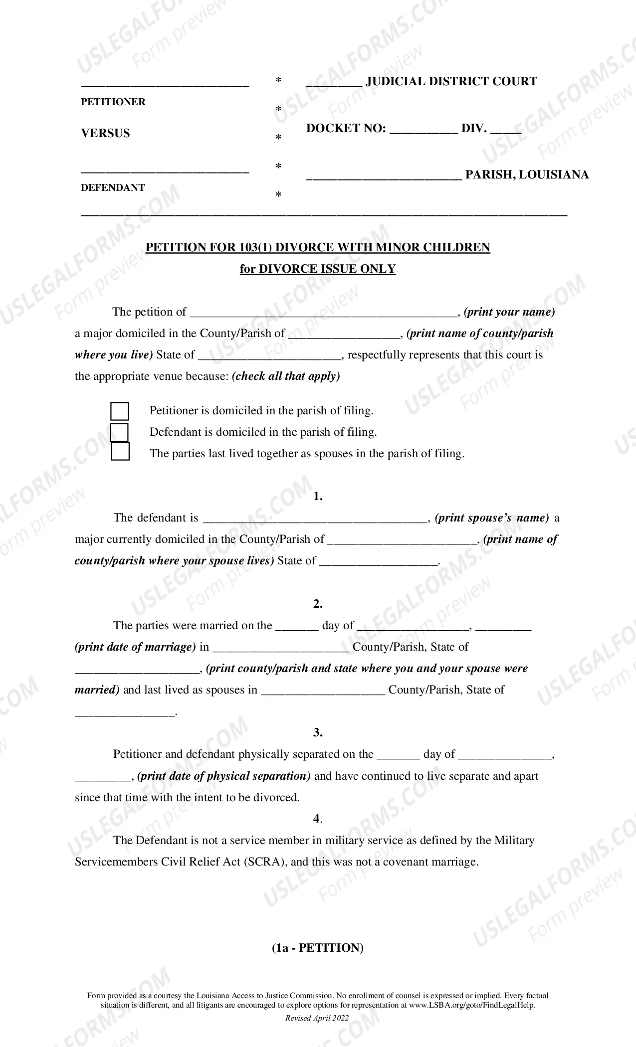 Preview Article 103 Divorce Package - Minor Children - For Divorce Issue Only and for Requesting Use of Allowed Last Name