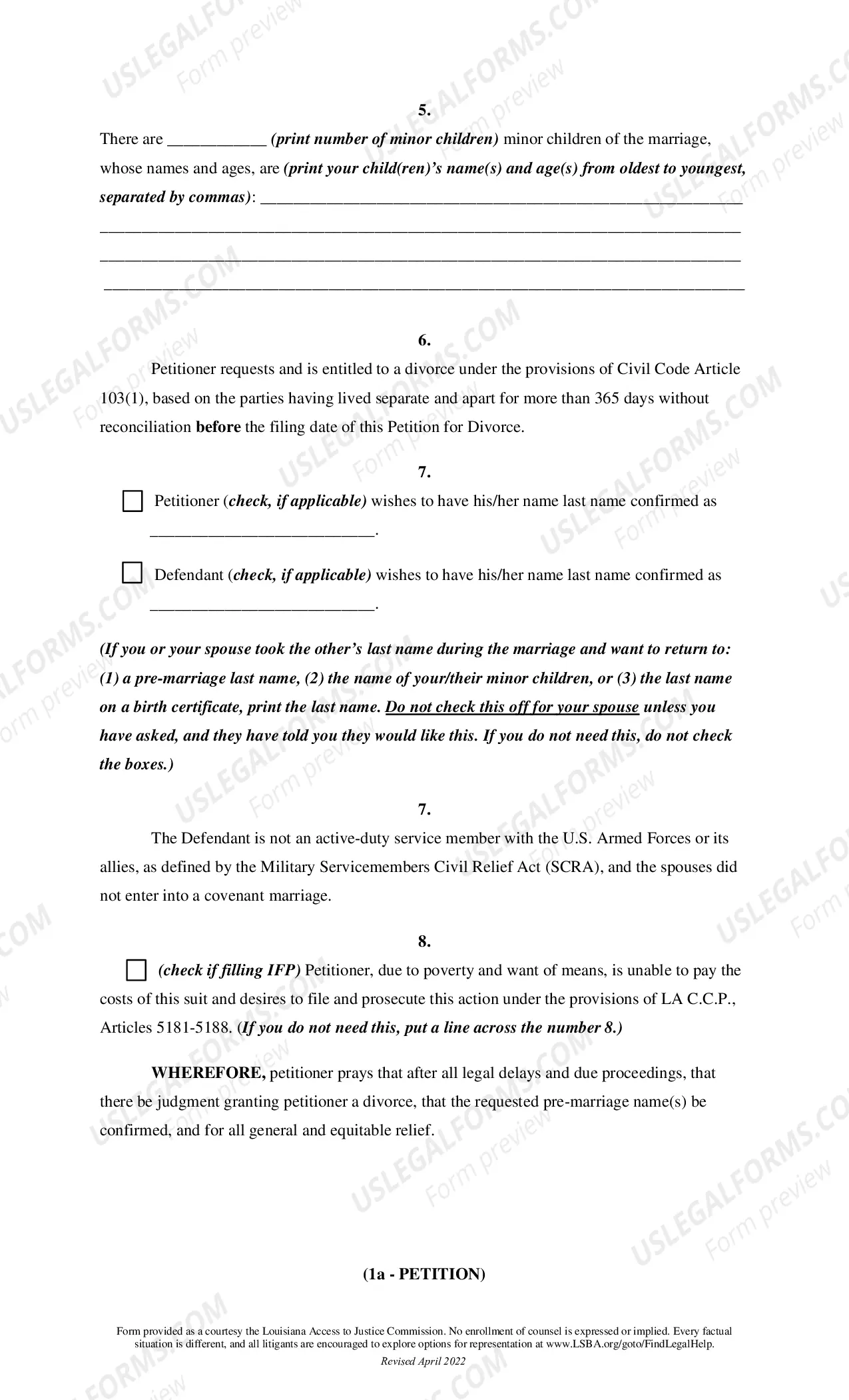 Preview Article 103 Divorce Package - Minor Children - For Divorce Issue Only and for Requesting Use of Allowed Last Name