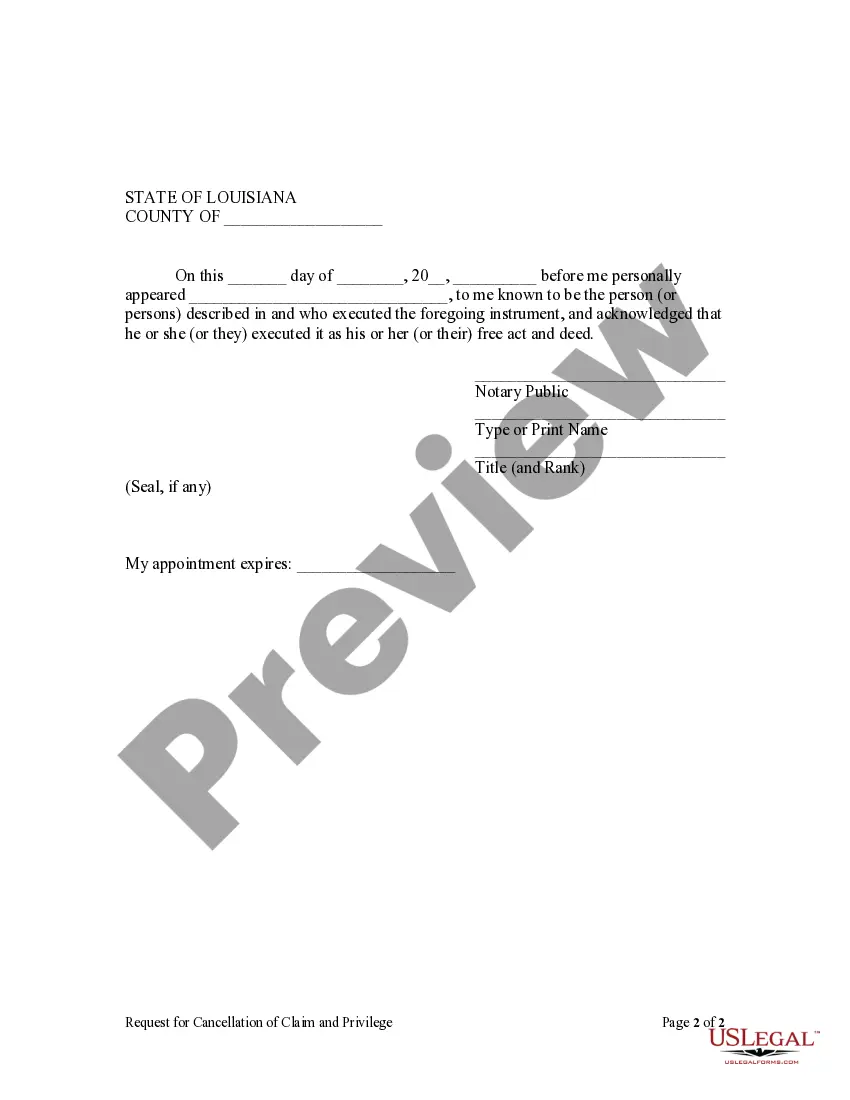 Preview Request for Cancellation of Statement of Claim and Privilege - Individual