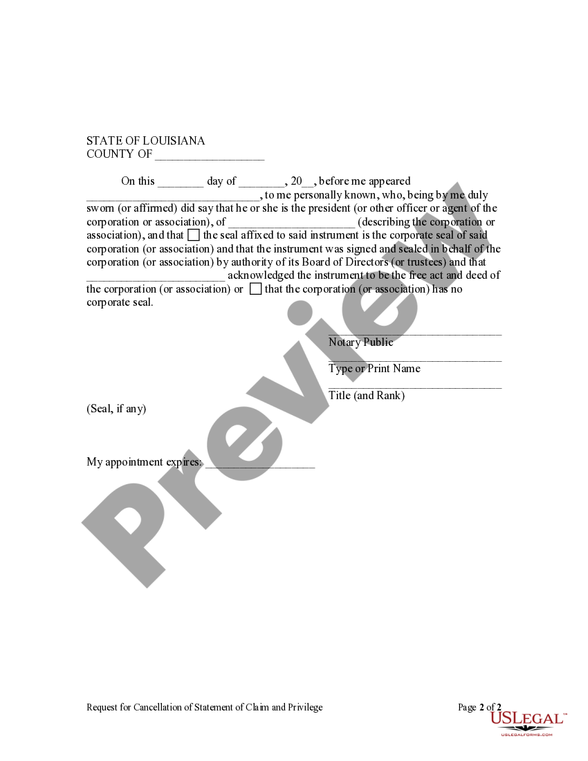 Baton Rouge Louisiana Request For Cancellation Of Statement Of Claim 