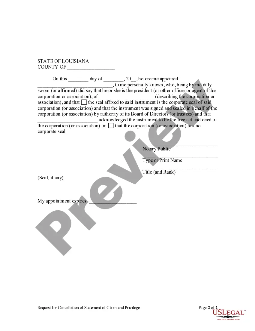 Get Request for Cancellation of Statement of Claim and Privilege - Corporation or LLC Preview Request for Cancellation of Statement of Claim and Privilege - Corporation or LLC