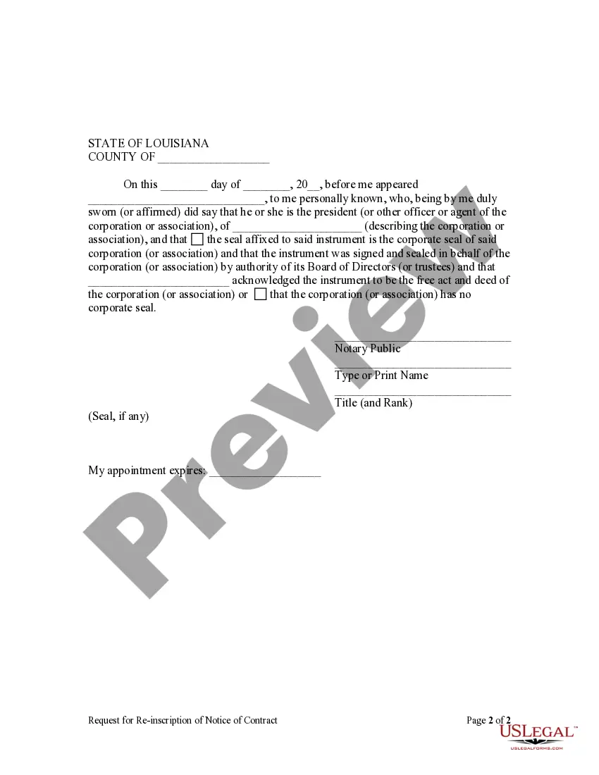 Preview Request for Reinscription of Notice of Contract - Corporation or LLC