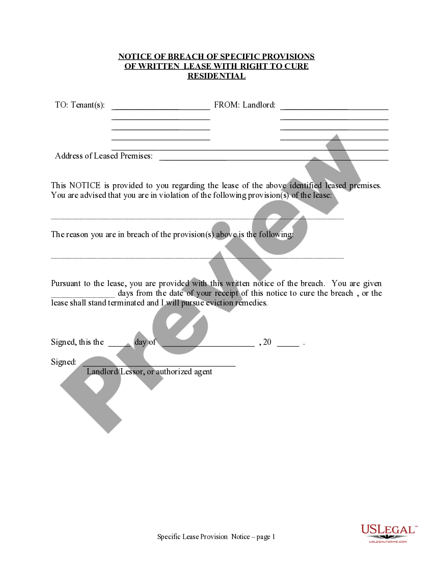 louisiana notice of breach of written lease for violating specific provisions of lease with right to cure for residential property from landlord to tenant us legal forms