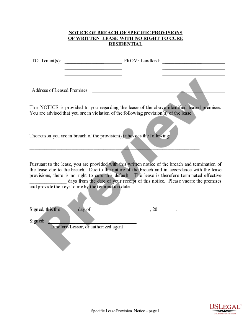 louisiana notice of breach of written lease for violating specific provisions of lease with no right to cure for residential property from landlord to tenant us legal forms