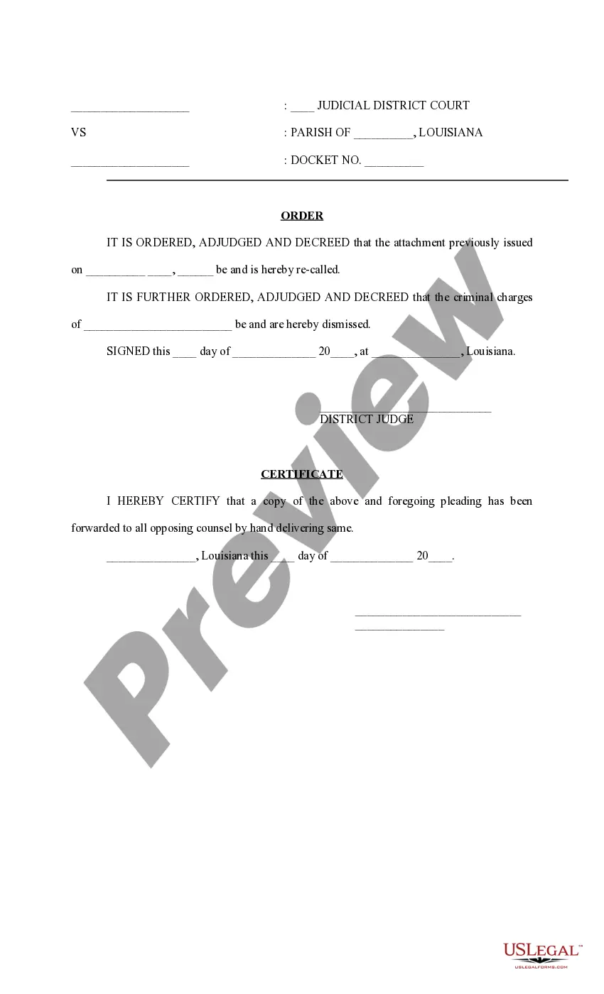 Preview Motion and Order to Dismiss Charges and Recall Attachment