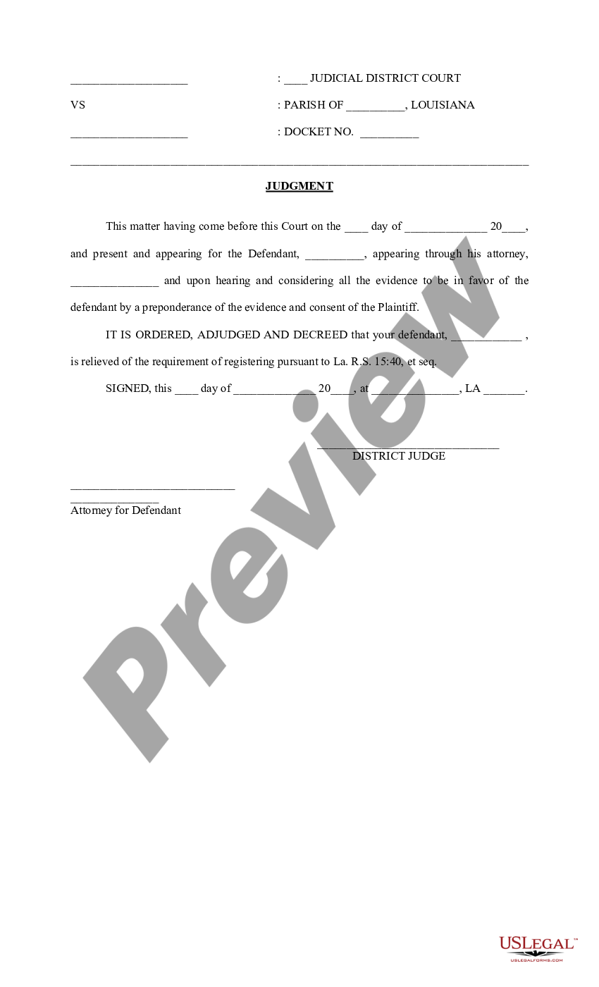 Louisiana Judgment on Relief of the Requirement of Registering Pursuant ...