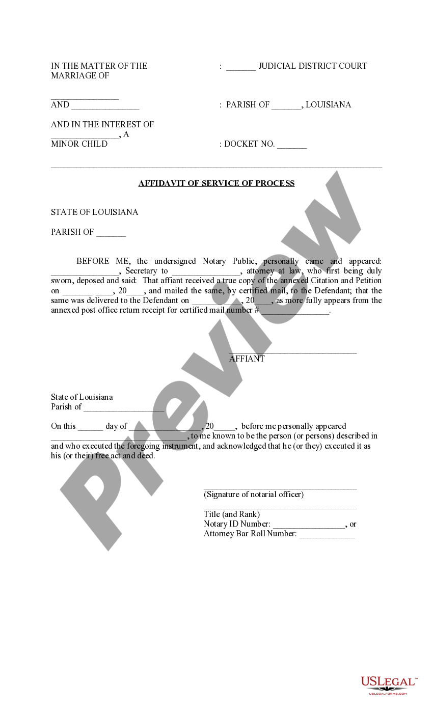 Louisiana Affidavit of Service of Process Affidavit Of Long Arm