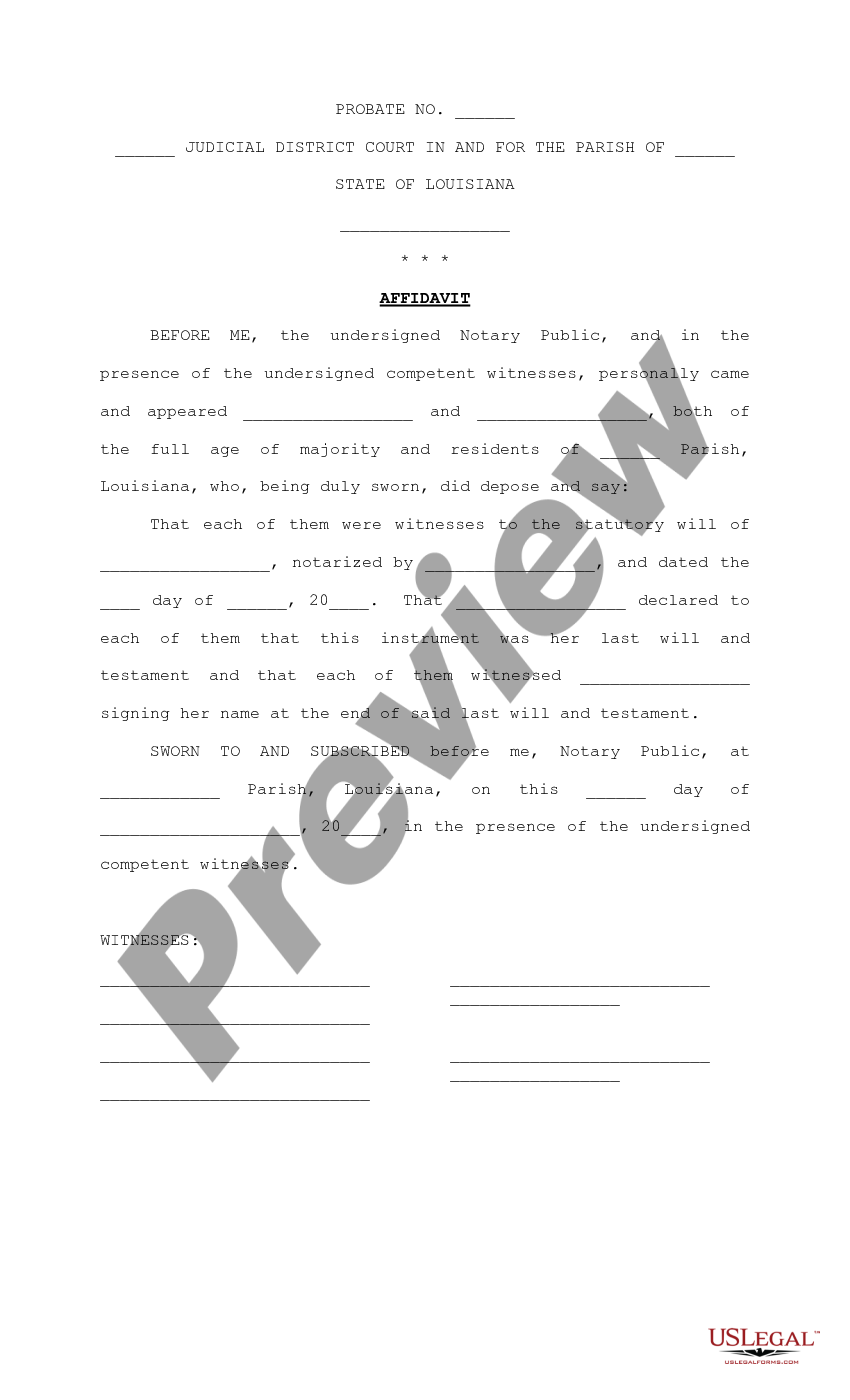 Louisiana Affidavit of Witness to Will - Witness Affidavit | US Legal Forms