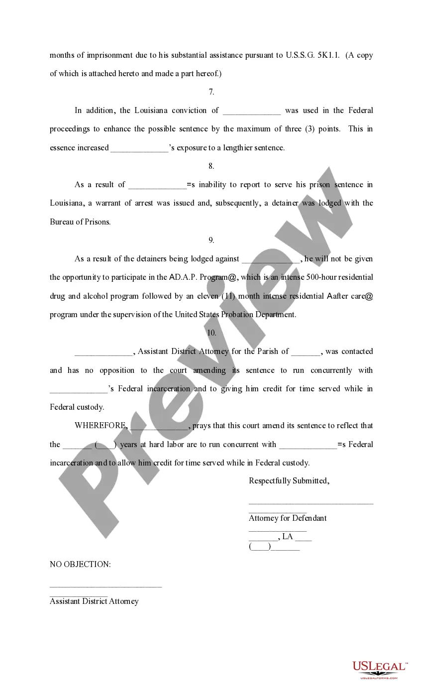 Get Motion and Order to Amend Sentence - Concurrent Federal Conviction Preview Motion and Order to Amend Sentence - Concurrent Federal Conviction