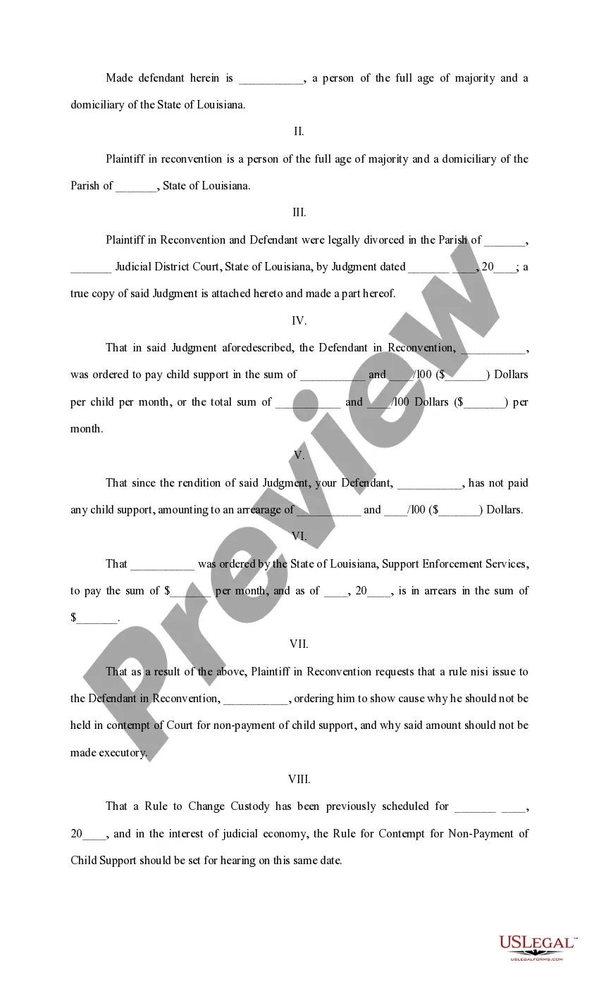 Get Answer to Rule and Rule for Contempt for Nonpayment of Child Support Preview Answer to Rule and Rule for Contempt for Nonpayment of Child Support