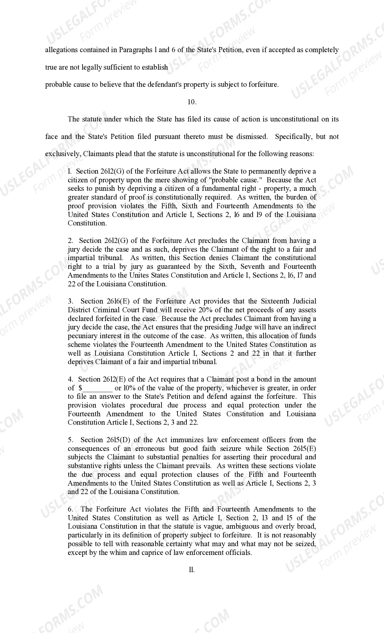 Preview Answer to State's Petition for Forfeiture