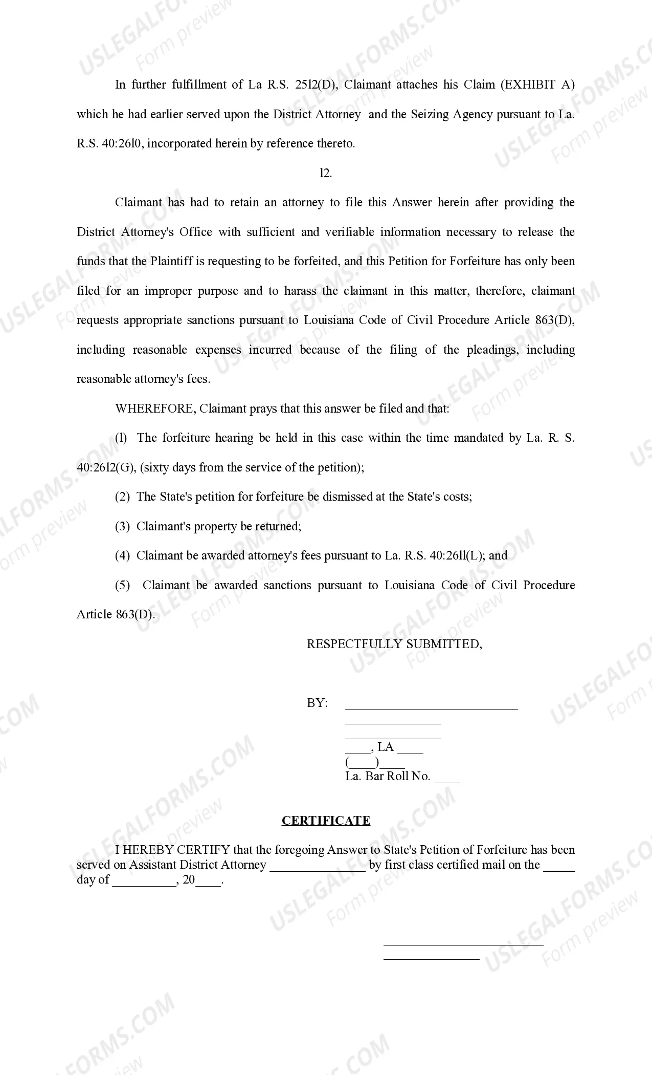 Preview Answer to State's Petition for Forfeiture