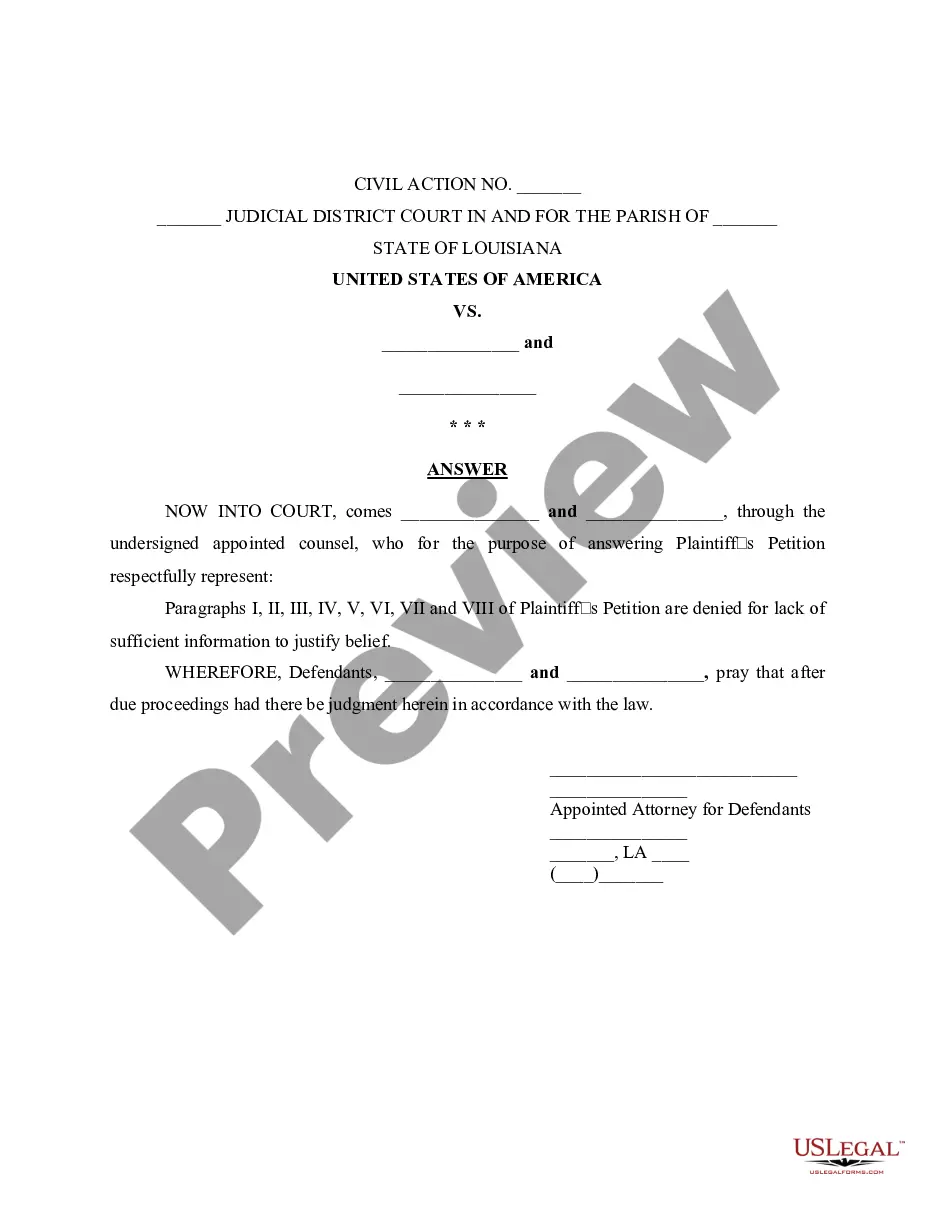 Louisiana Answer to Plaintiff s Petition Louisiana Answer Petition